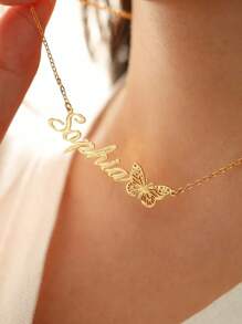 12pcs Customized Butterfly Birth Month Necklace, Stainless Steel Personalized Name Plate Necklace, Fashionable Charm Jewelry For Wedding, Party, Birthday, Autumn Seasons, Ideal Gift For Girlfriend, Mother, Family, Friend, Daughter, Grandparent