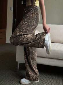 Women's Retro Fashion High Street Leopard Print Jeans, Loose Straight Hip-Hop Pants, Blended, Elegant Style, Long, Can Be Worn In All Seasons, Machine Washable - Màu Khaki - Xem 2