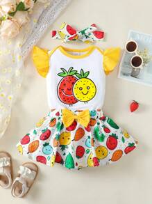 3pcs Infant/Baby Girl Summer Outfit: Fruit Pattern Bodysuit + Fruit Print Skirt + Headband