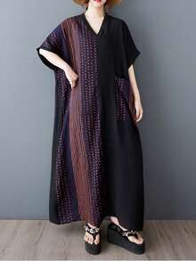 上衣，波西米亚风休闲度假连衣裙，女士优雅度假连衣裙，2025夏季女士大码V领短袖拼色宽松条纹连衣裙大口袋