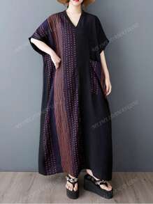 Bluse, Abito casual stile boho per vacanze, Abito elegante da donna per vacanze, Vestito estivo 2025 a righe, scollo a V, maniche corte, largo, con grandi tasche, adatto a taglie forti per donne