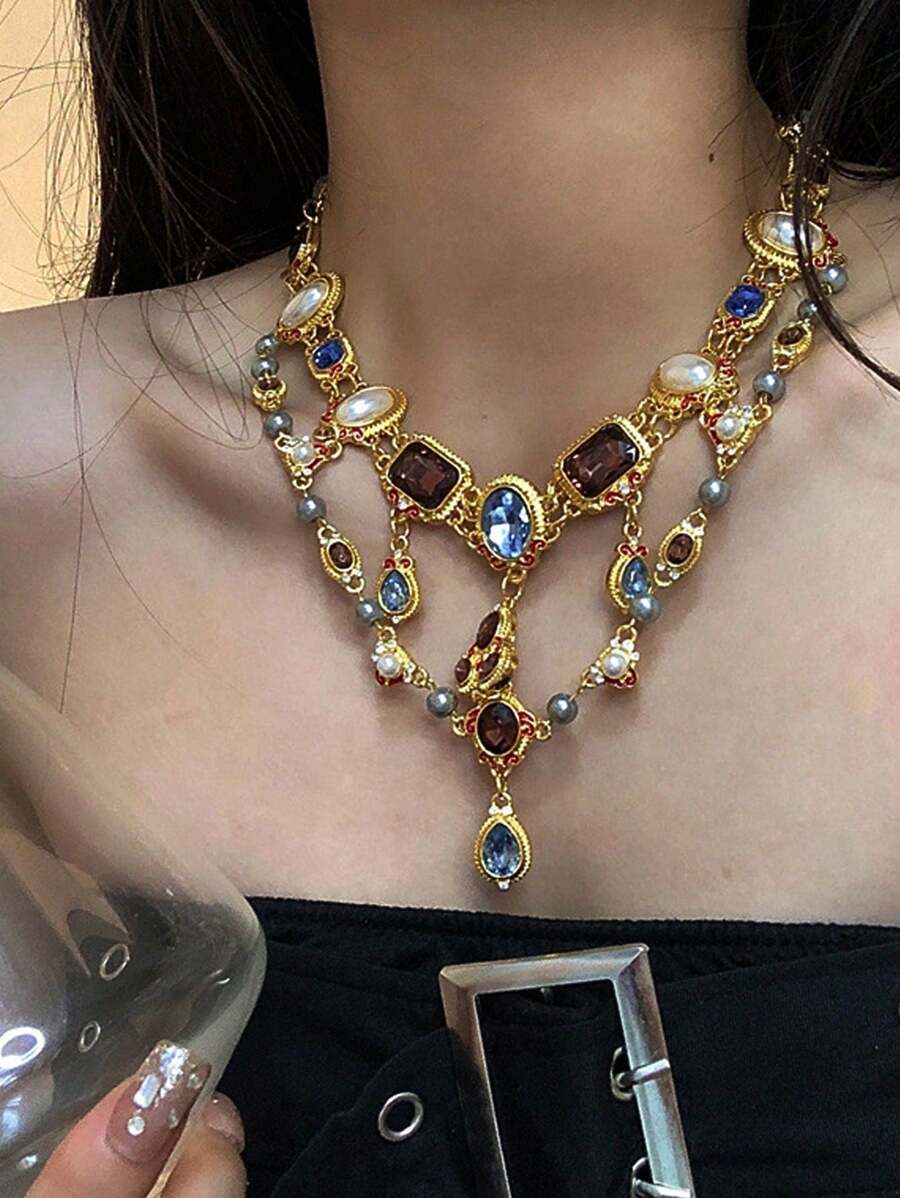 时尚奢华复古法式宫廷风格水晶流苏锁骨链适合女性日常节日和派对佩戴 - 水晶流蘇項鍊 - 查看 1
