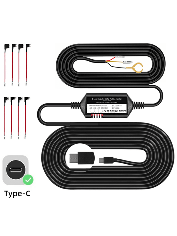 Kit di cablaggio AZDOME Acc con porta di tipo C, cavo da 12 piedi, 4 tipi di fusibile LP Mini/Mini/ATO/Micro2, ingresso 12 V-24 V a 5 V/2,5 A di alimentazione con modalità di parcheggio 24 ore su 24, protezione da scarica della batteria