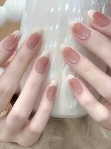 24 件长棺材形按压指甲，法式、花卉、蝴蝶点、钻石闪亮假指甲，带 1 个指甲胶和 1 个指甲锉 - 彩色 - 查看 2