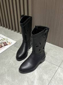 女童镂空刺绣西部牛仔靴，新款时尚中性儿童复古中筒靴，百搭马靴 - 黑色 - 查看 9