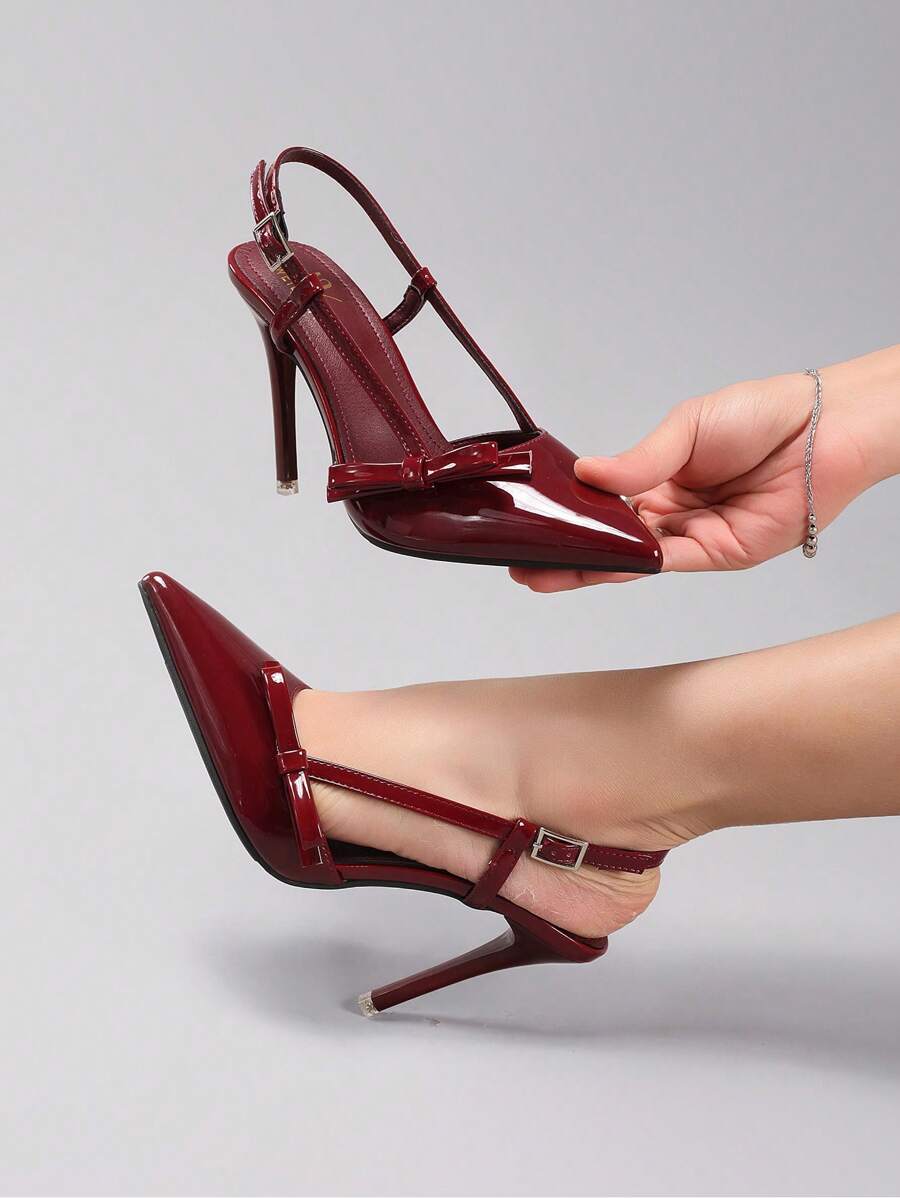 Zapatos de tacón alto con lazo para mujer, zapatos de tacón sexy con puntera puntiaguda para fiestas y eventos, brillante color vino tinto - Burdeos - Ver 1