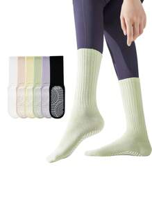 1/2/4/6 Pairs Women's Plain Color Yoga & Pilates Non-Slip Socks, Suitable For Ladies' Yoga Sports Mid-Calf Colorful Socks