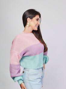 Striped Off-The-Shoulder Blouse Princess Sleeve Knit Warm Winter Fashion Blogger New2023 - Coral Pink - View 3