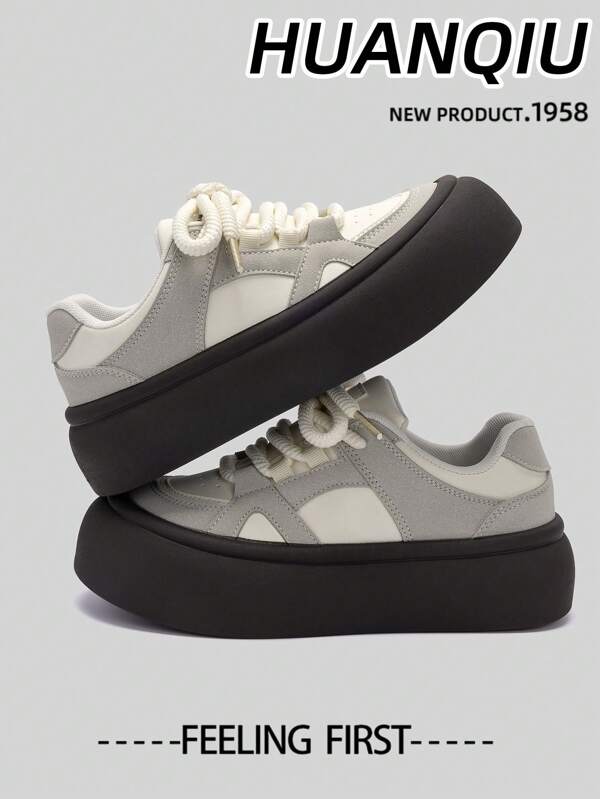 HUANQIU New Fashionable Thick Sole Color Block White Shoes Women Sport Casual Sneakers, Autumn , Low-Top, Lace-Up, Comfortable Soft Bottom Beige All Season Shoes