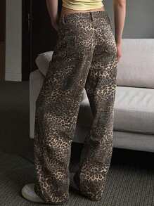 Women's Retro Fashion High Street Leopard Print Jeans, Loose Straight Hip-Hop Pants, Blended, Elegant Style, Long, Can Be Worn In All Seasons, Machine Washable - Màu Khaki - Xem 7