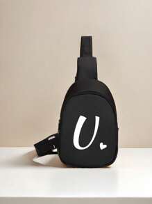 1 Shoulder Bag Mini Letter Heart Printed Chest Bag, Cute, Fashionable, Lightweight, Soft Wool Material Zipper Closure Chest Bag, Suitable For Boy And Girl Traveling, Vacationing, Outdoor, Backpacks, Giving Birthday Gifts To Family And Friends - AD03-036 Black Bag With White Small Love Letters - View 17