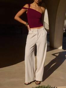 全新欧式风格女式背心不对称设计修身优雅 T 恤 - 酒紅 - 查看 3