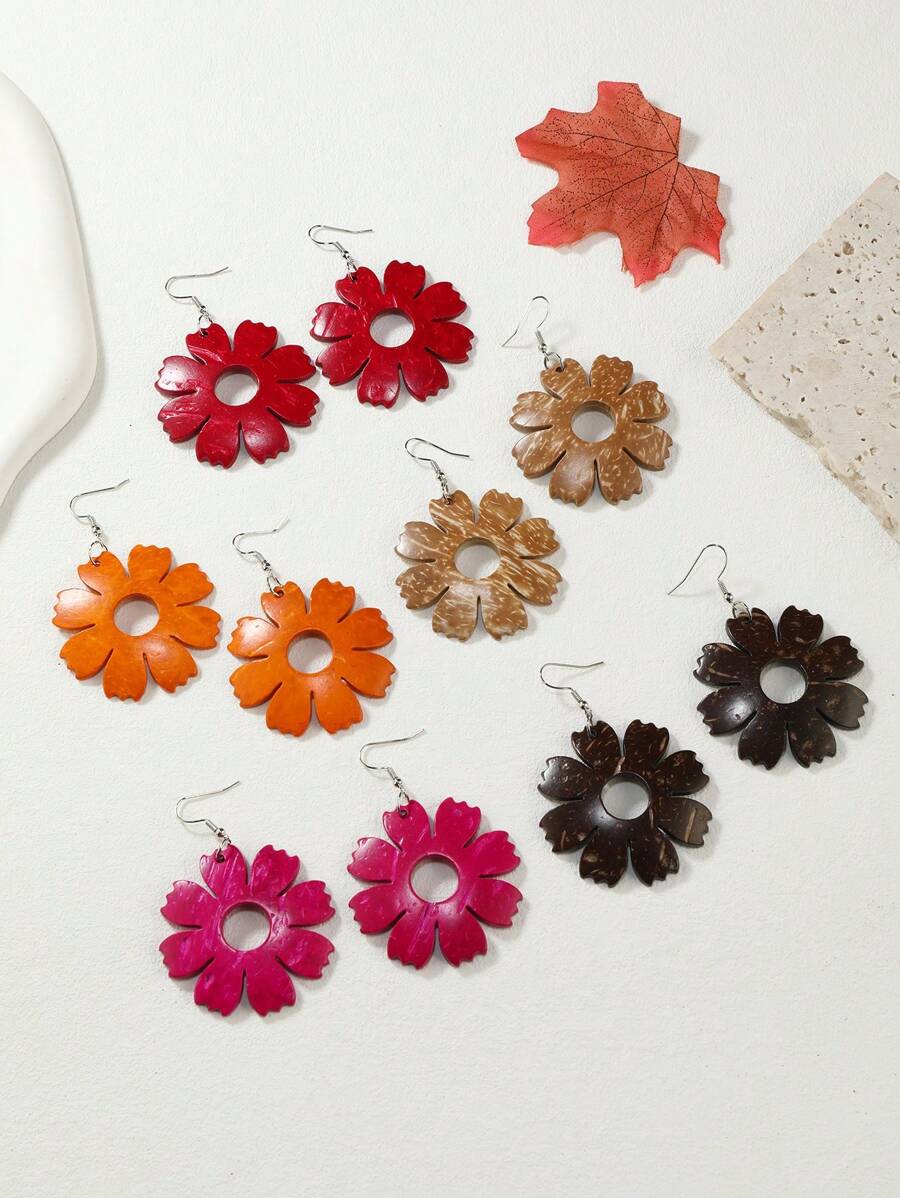Newly Designed Handmade Coconut Shell Flower Retro European Style Versatile Earrings - Multicolor - View 1