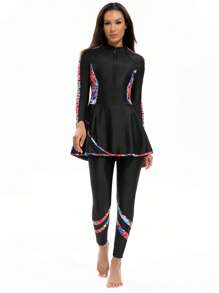 2pcs Set Women Sporty Letter Print Long Sleeve Top And Long Skirt/Pants, Sophisticated, High Stretch, Slimming, Modest, Suitable For Spring/Summer, Beach, Pool Party, Surfing, UPF Protection, Quick Dry