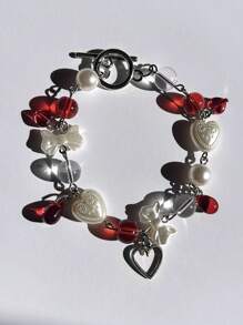 1 件金属亚克力水晶树脂银蝴蝶心形星空心旋转串珠手链，女士派对和日常佩戴情人节礼物