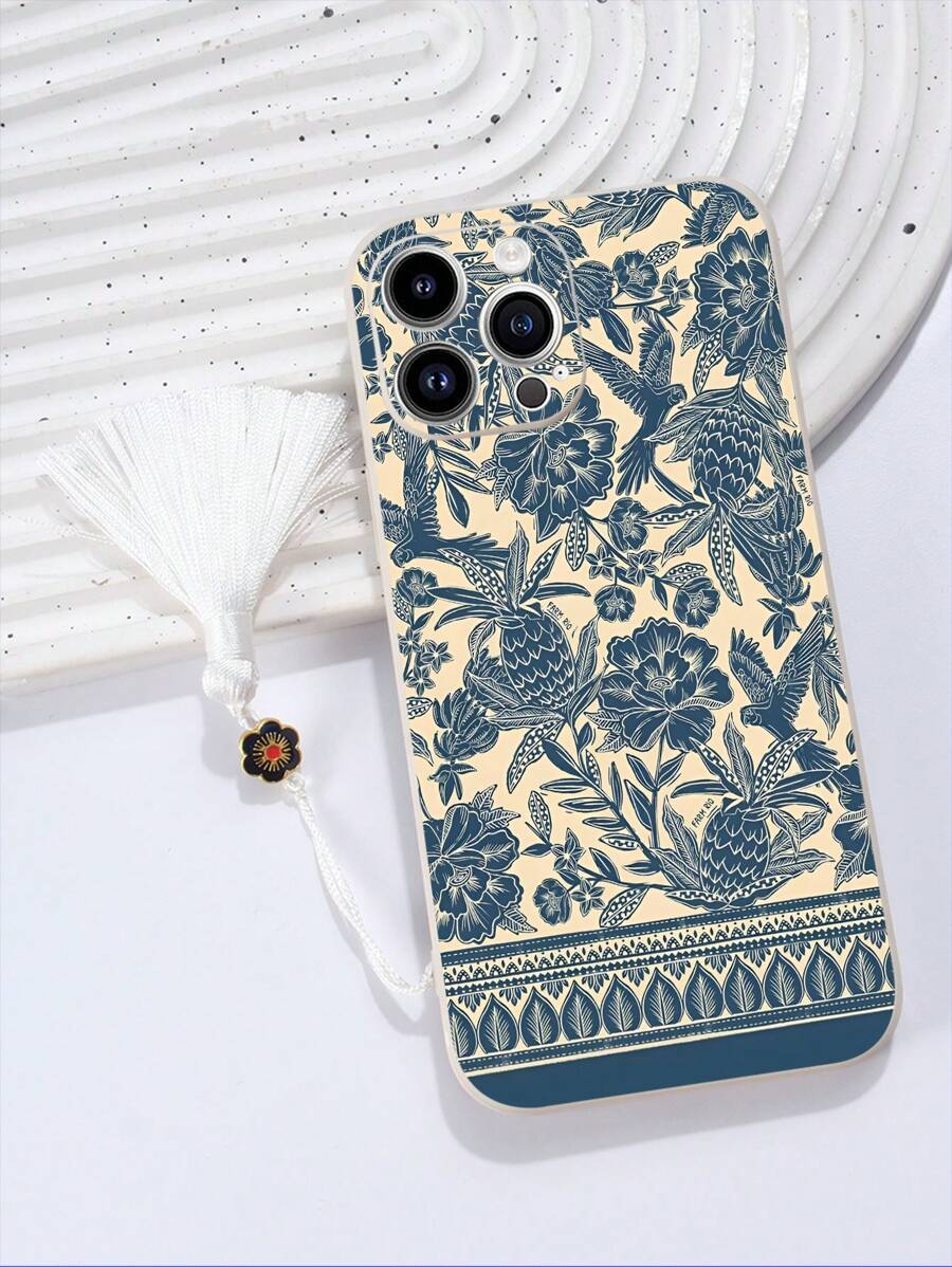 Flower 1pc White TPU Classic Printed Pattern Shockproof Phone Case And 1pc White Tassel Enamel Lanyard, Compatible With IPhone/Android Phones Like IPhone 16 Pro Max, A14, A54, A52, A31 4G, A23, Redmi Note 8 Pro, Note 11 Pro 4G, Note 12 4G, OPPO A54