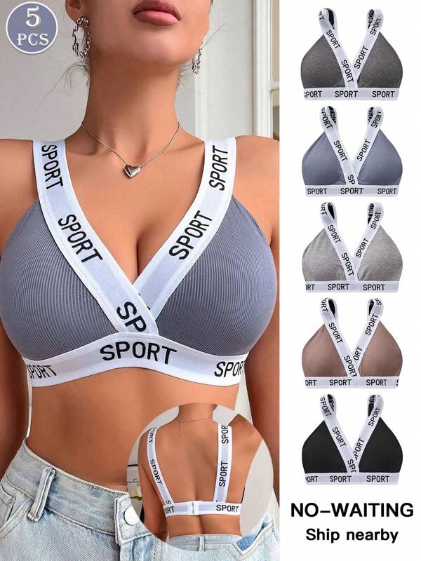 5pcs Women Fashion Casual Letter Print Ribbed Moderate Support Comfortable Sports Bras