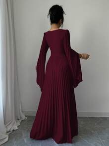 AMNSAML Elegant Pleated Bell Sleeve Rhinestone Embellished Formal Dress, Party Dress, Gown, For Evening, Wedding Guest - Burgundy - View 2