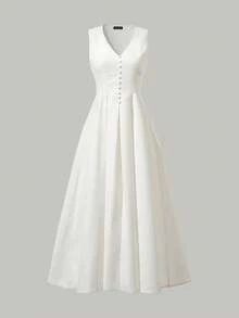 2025新款优雅法式V领收腰全摆中长连衣裙，复古拼接无袖背心连衣裙，春夏时尚度假海滩派对家庭聚会假日晚礼服 白色 - 白色 - 查看 6