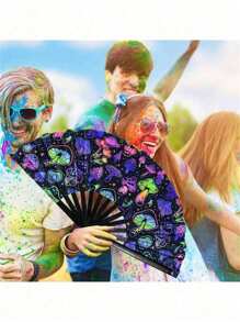 1pc Y2k Folding Fan, Uv Glow Rave Fan Festival Fan, Silk Chinese & Japanese Palm Fan For Music Party, , Dance Performance, Decoration, Gift