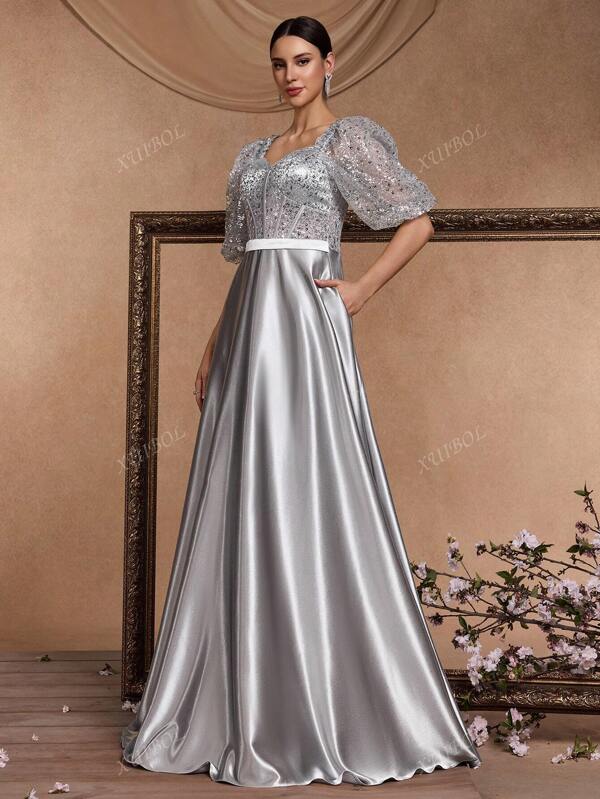 Women's Elegant Solid Sweetheart Neck Short Sleeve Fish Bone Fitting Sequins Splice Glamorous Cocktail Party Formal Gown, Luxury Sexy Backless A-Line Graduation Prom Dress (Embellished), For Evening, Wedding Guest