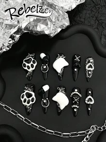 10-Piece Pressing Nails, Almond-Shaped Nails, Four-Season Nail Art, Fake Nails, Dark Black-Bottom Cat Claw Nail Art Diy Color Block Pattern Design Three-Dimensional Black And White Cat Claw Cat Head, Three-Dimensional Simulation Capsules Nail Supplies Nails - Multicolor - View 2
