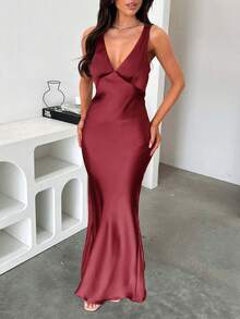Đầm hè Look Polly dành cho nữ, đầm maxi lụa màu trơn, đầm hai dây phù hợp cho đám cưới, mùa thu, đi học và các dịp khác, đầm dự tiệc trễ vai, đầm dài cổ chữ V thanh lịch và gợi cảm. - Màu Đỏ Sâu - Xem 8