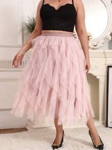 Plus Size Elegant Solid Color Asymmetrical Ruffle & Mesh Layered Skirt - Dusty Pink - View 3