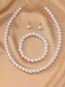 4pcs Set Elegant Minimalist Faux Pearl Beaded Necklace Bracelet Earrings Jewelry Set, Suitable For Evening Gowns, Dates, Gatherings And Parties, Can Be Matched With Outfits - one-size - View 4