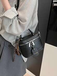 时尚新款优雅纯色 PU 面料便携式方包，迷你 PU 包，纯防水面料酒红色包，字母图案装饰设计盒子包，适合旅行购物、聚会、派对、通勤。