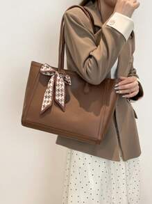 围巾装饰新款复古大号纯色单肩托特包女包，时尚金属链带斜挎单肩包，多用途双手柄休闲托特包单肩手提包，女士百搭工作包