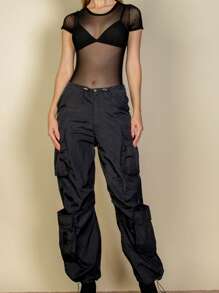 Women's Casual Boho Flap Pockets Drawstring Ruched Parachute Pants - 黑色 - 查看 7
