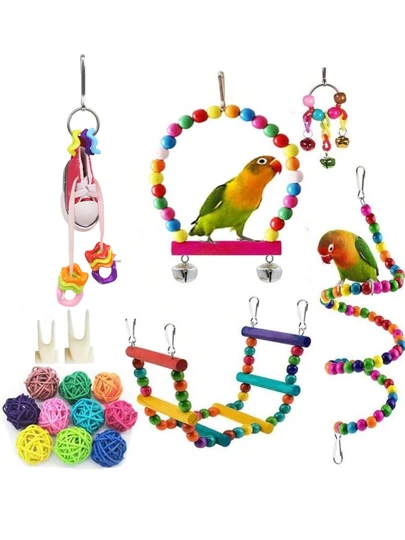 Set de 17 piezas de juguetes para pájaros, incluyendo columpio, para masticar, morder, bola de mimbre de colores, tenedor de plástico con frutas, escalera para hacer ejercicio, juguetes educativos