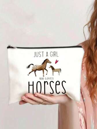 1pc "Just A Girl Who Loves Horses" Designed Feminine Cosmetic Bag, Horse Themed Makeup Pouch, Non-Waterproof Toiletry Bag, Ideal Birthday Gift For Horse Lovers And Pet Owners, Double-Sided Printing, Lined, Christmas Gift