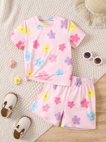 2 قطعة/طقم قميص بأكمام قصيرة ذو رقبة طاقم واشورت بطبعة زهور عادية للبنات الصغيرات، مناسب للصيف