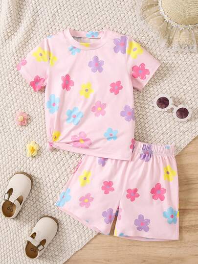 2 قطعة/طقم قميص بأكمام قصيرة ذو رقبة طاقم واشورت بطبعة زهور عادية للبنات الصغيرات، مناسب للصيف