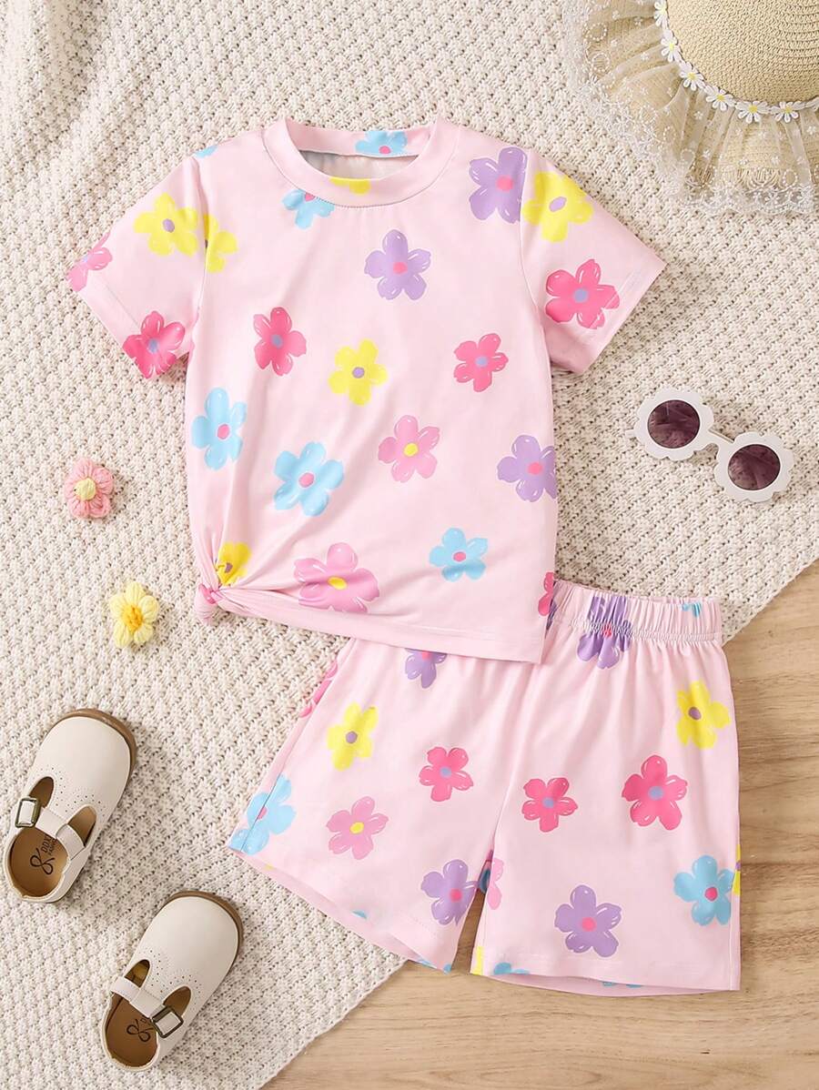 2 قطعة/طقم قميص بأكمام قصيرة ذو رقبة طاقم واشورت بطبعة زهور عادية للبنات الصغيرات، مناسب للصيف