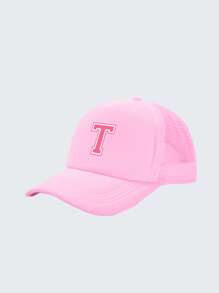 1pc Kid's 26 Alphabet Baseball Cap, Fashion Versatile Casual Sun Hat,Pink Mesh Breathable Trucker Cap, Suitable For Girls Back To School Daily Outfit, Gift