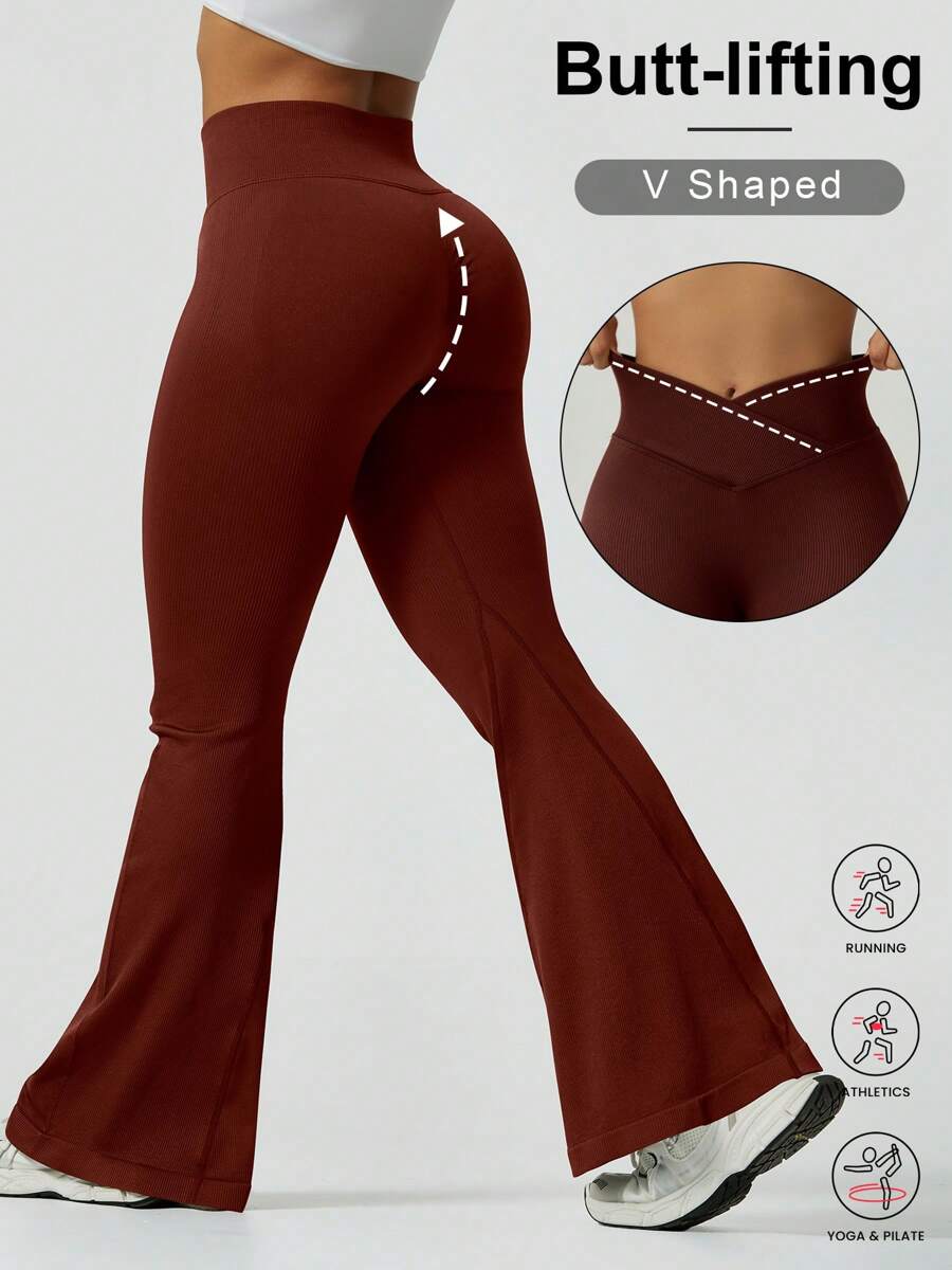 女士时尚交叉腰瑜伽裤蜜桃臀户外徒步运动长裤 - 紫紅色 - 查看 1