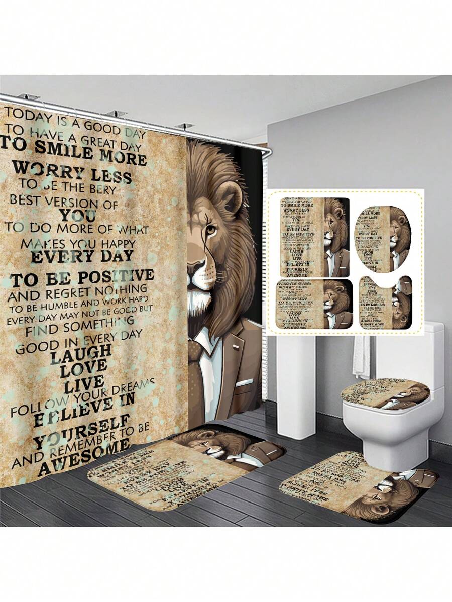 1pc/4pcs Lion Tiger Leopard Design Bathroom Decorative Waterproof Shower Curtain Set With 12 Hooks, Slip-Resistant Bathroom Mat, U-Shaped Toilet Mat And Round Toilet Lid Cover, Multi-Purpose Bathroom Set For All Scenes