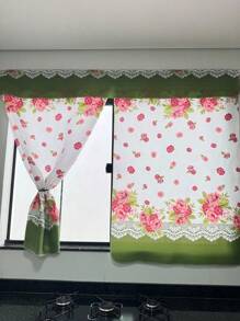 Kitchen Set Kit 10 Printed Pieces Window Curtain Table Runner Sink Curtain Tea Towel Placemat - flores rosa verde - 查看 4