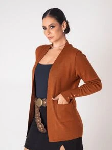 Women's Winter Knitted Cardigan Coat With Pocket - Bronze - View 6