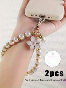 2pcs Short And Elegant Handmade Cherry Blossom Pearl Bracelet With A Transparent Pad, Mobile Charm Phone Chain Accessories, And Fashionable Women's Phone Strap, Universal Phone Hanging Rope Pad, Mobile Phone Hanging Rope, Small Fragrant Pearl Flower Bead Pendant, Phone Case Keychain Hanging Accessory, Luggage Hanging Chain Accessory, Keychain Hanging Accessory, Headphone Bag Pearl Pendant