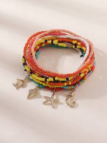 13pcs Boho Ocean Theme Vintage Handmade Beaded Turtle, Seahorse, Seashell, Starfish Fashion Anklet Set,Suitable For Women Beach Vacation, Party, Casual, Daily Wear