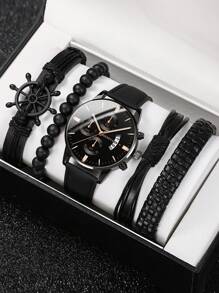 Set de 5 piezas de relojes vintage para hombre - Pulsera de cuerda de cuentas hecha a mano, reloj de piel de PU con pantalla de calendario precisa, cómodo para uso casual y deportivo, regalo ideal para él