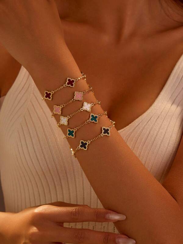 1pc Elegant Women Fashion Color Beaded Clover Bracelet With Gold Chain, Simple Luxurious (No Box Included)