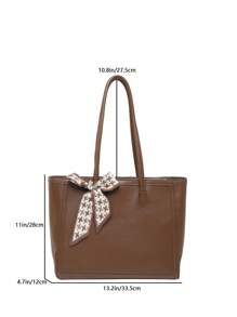 围巾装饰新款复古大号纯色单肩托特包女包，时尚金属链带斜挎单肩包，多用途双手柄休闲托特包单肩手提包，女士百搭工作包