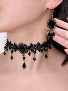 1 套深色哥特式水钻流苏耳环和项链，复古波西米亚蕾丝链吊坠耳环，适合女性日常佩戴派对礼物 - 首飾套裝 - 查看 2