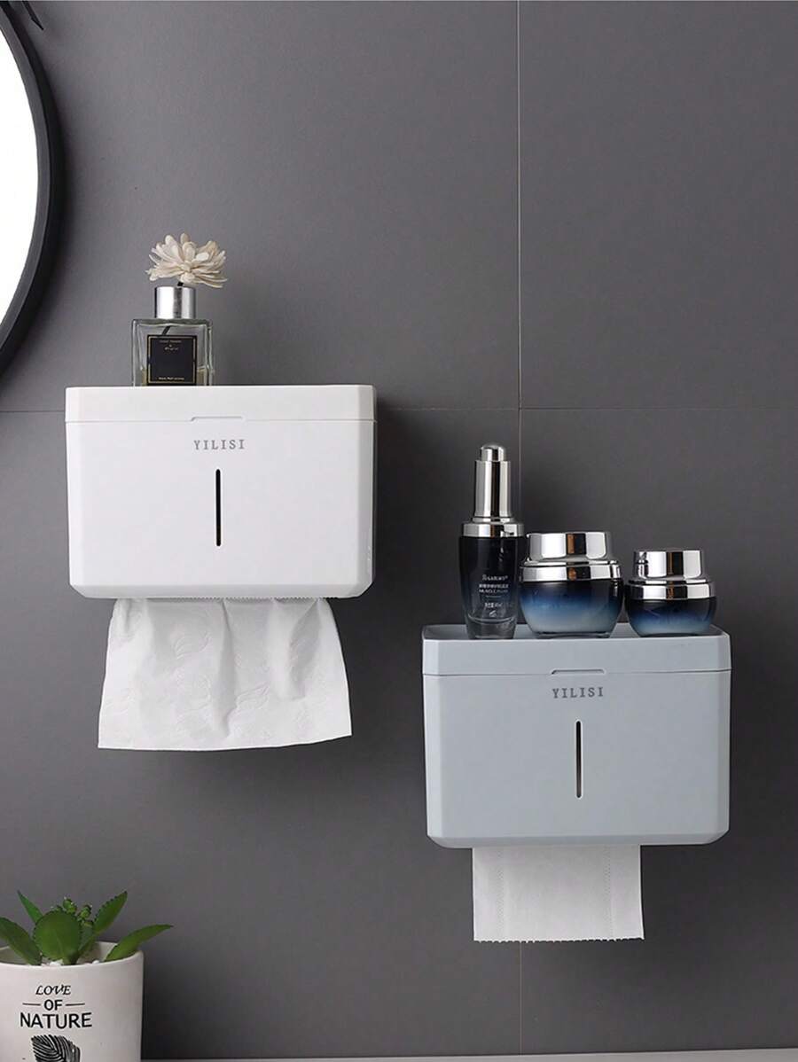 1 件无孔壁挂式纸巾盒，北欧风格多功能纸巾收纳盒，浴室卷纸机，杂物收纳架浴室装饰秋季装饰 - 白色 - 查看 1