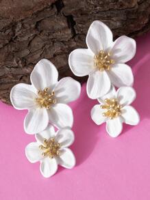 1 Pair Flower Shaped Earrings, Fashionable Multi-Color Double Layer Minimalist Earrings, Sweet Style, Valentine's Day Gift - White 1 - View 4